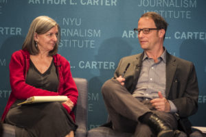 Ann Cooper and George Packer in conversation at 'Information on Trial,' at NYU's Journalism Institute. May 3, 2013. Photo by Steve Latimer.